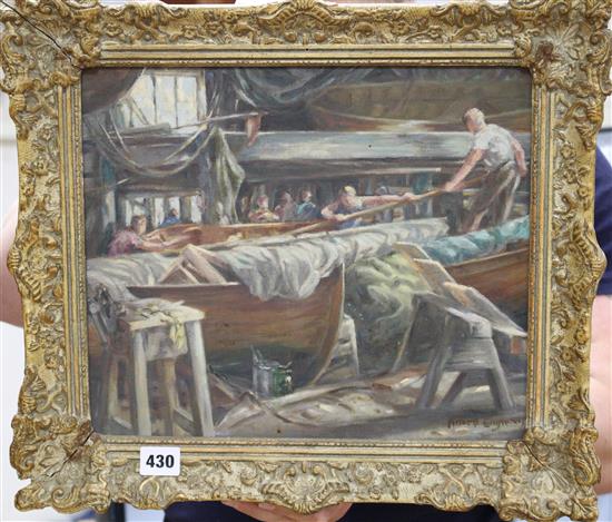 Aileen Engleton (1902-1984), oil on canvas, Hampton Court, Watercraft Lifeboat Makers, signed, 29 x 34cm